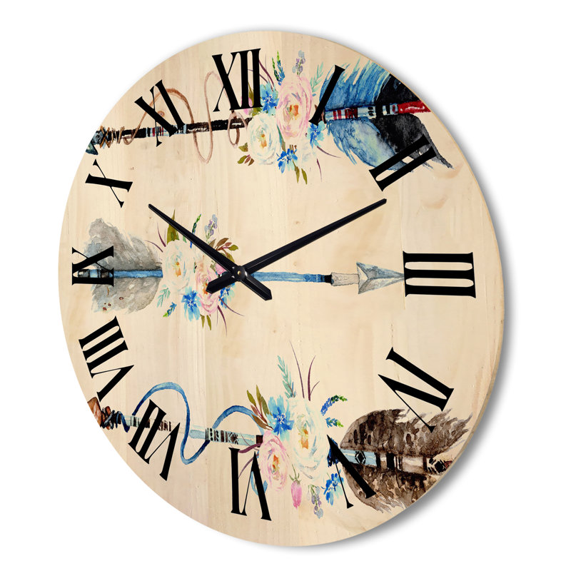 Horloge murale en bois plumes et fleurs, Très grand