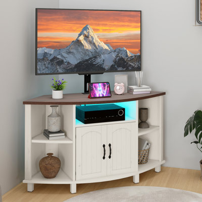 47.2"W Farmhouse Corner TV Stand With Mount, Led Lights & Power Hub