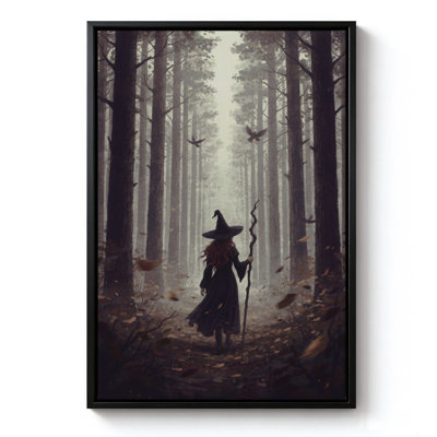 Sorcière d'Halloween traversant une forêt sombre, tableau sur toile encadré, cadre noir, 50 x 75 cm