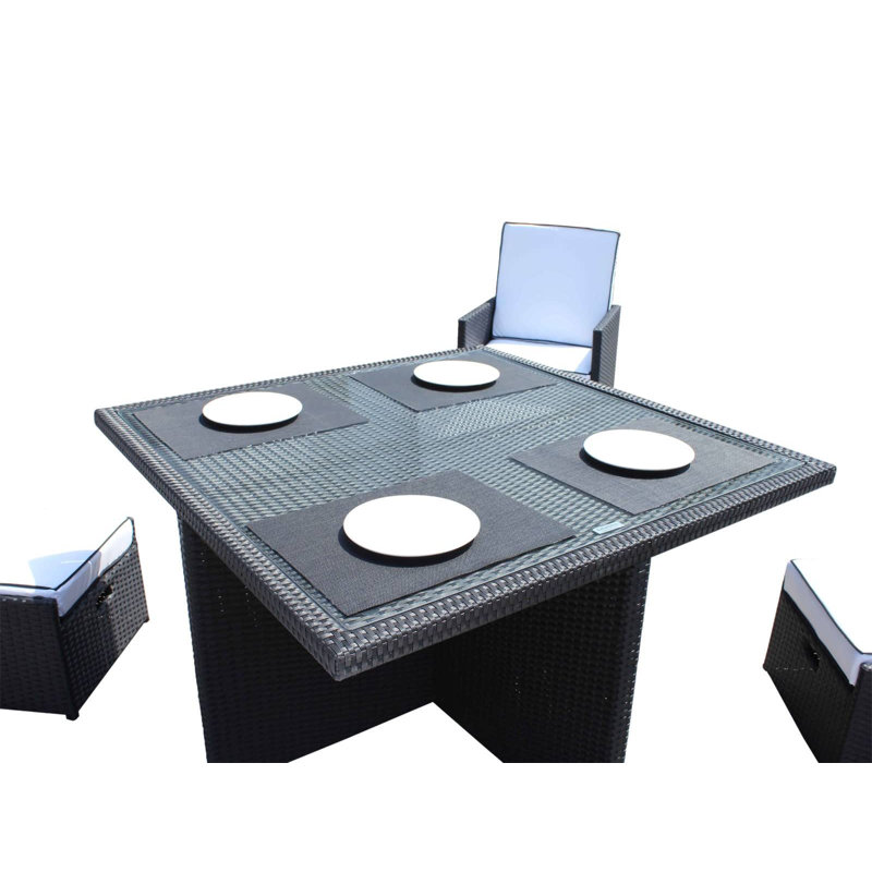 Wren 4 - Person Patio Dining Set with Square Table , Cushions Included, Black/Vanilla