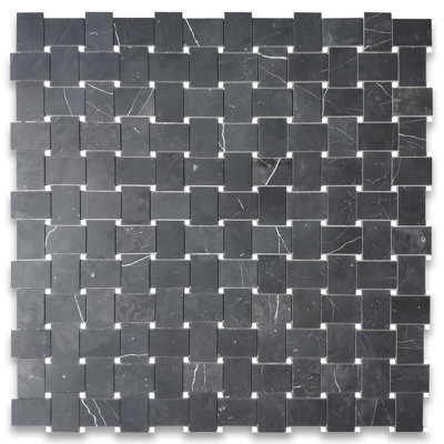 Nero Marquina Black Marble Large Basketweave Mosaic Tile W/ Thassos White Dots Honed