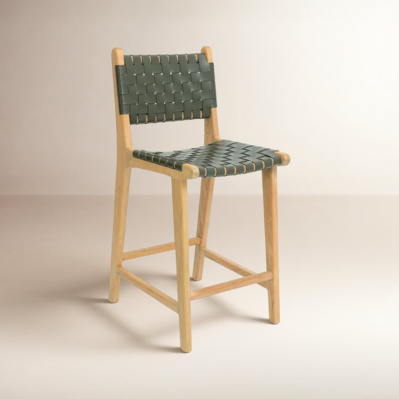 Banda Teak & Woven Leather Counter Height Stool, Green/Natural