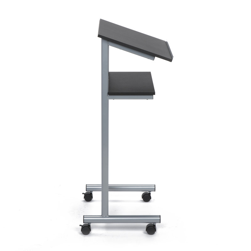Black and Silver Metal Wheeled Lectern with Storage Shelves