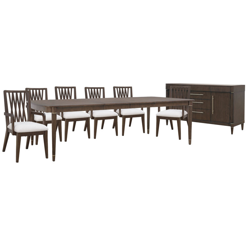 Leg Dining Table With 6 Wood Back Arm Chairs And Buffet, 8 Pcs: Table, 6 Chairs, Buffet