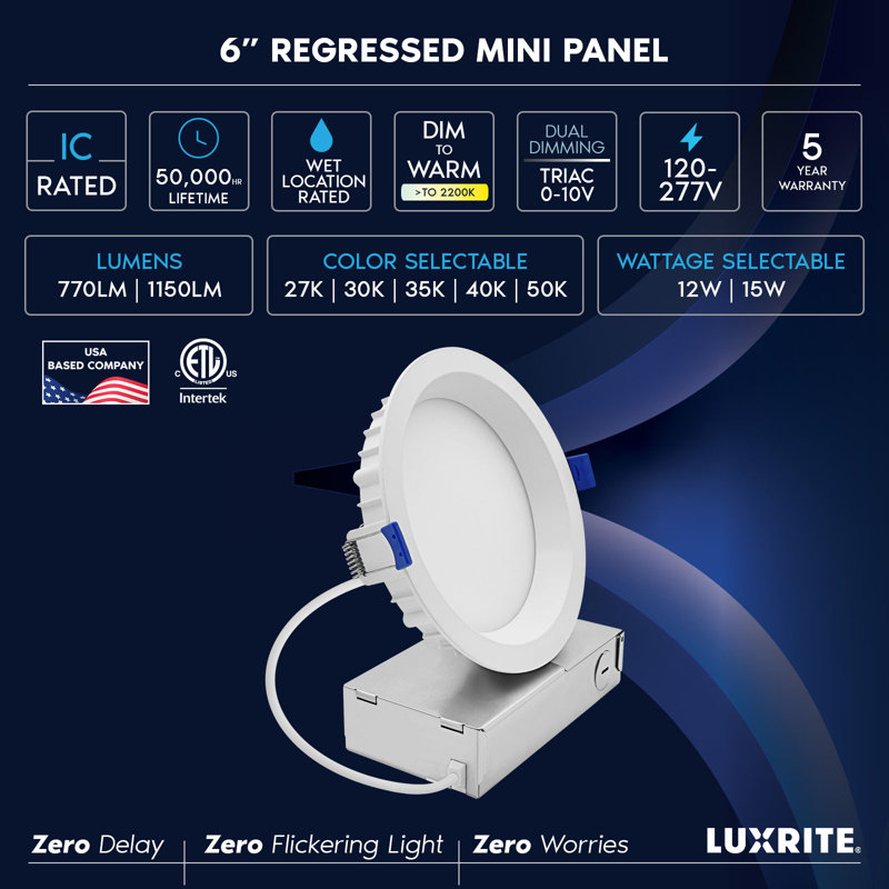 6 po LUXRITE Mini panneau à DEL régressé, lumière encastrée, 5CCT, gradateur à chaud, 12W / 15W, 770/1150 lumens, CRI90, double intensité variable, 100 °, ETL, paquet de 6