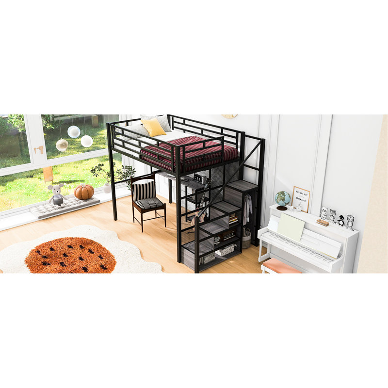 Lit mezzanine en métal noir avec bureau, garde-robe et tablettes de rangement pour économiser de l'espace dans la garde-robe et l'assemblage