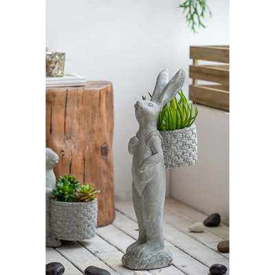 8.5x5.5x19.5" Tall Gray Cement Rabbit Basket Planter