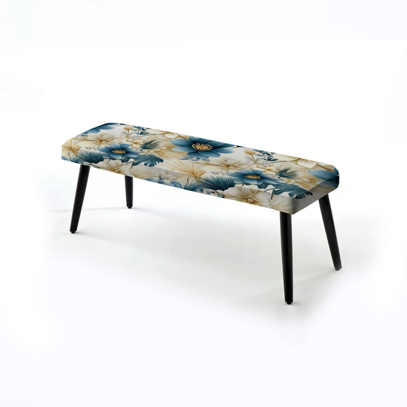 Floral Upholstered Black Bench, Beige And Blue Escape Flowers I