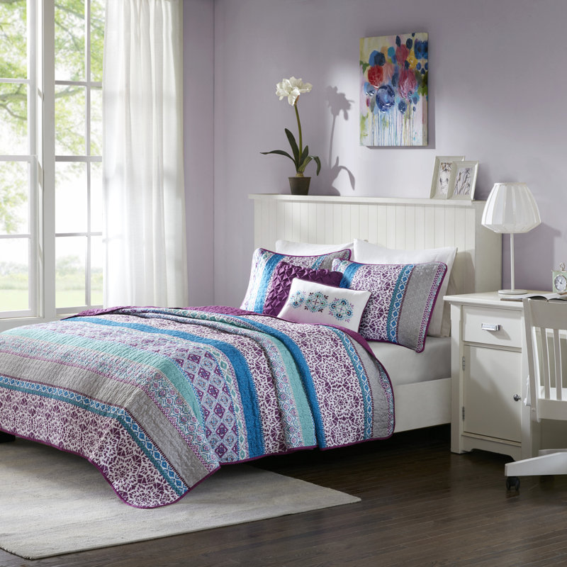 Purple Twin Boho-Chic Reversible Microfiber Coverlet Set