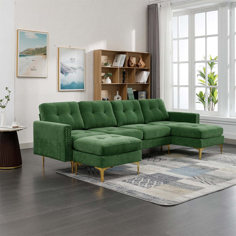 Canapé modulaire convertible en L 110 po, Velours bleu, Doré