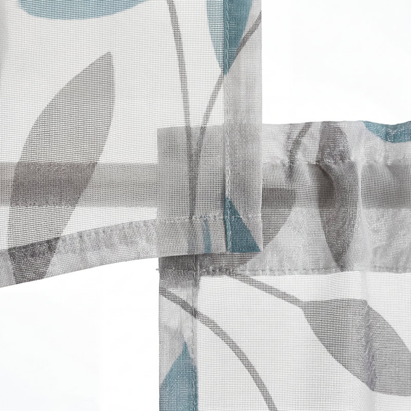Ensemble de rideaux de cuisine de style ferme 3 pièces avec cantonnière - Imprimé botanique de feuilles grises et turquoise, rideaux à œillets filtrant la lumière