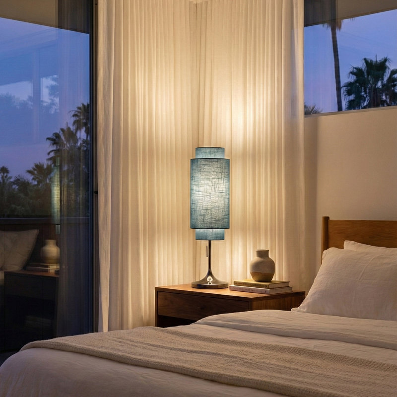 Lampe de table Lollipop - nickel noir, double abat-jour en lin, chaînette marche / arrêt, Bleu