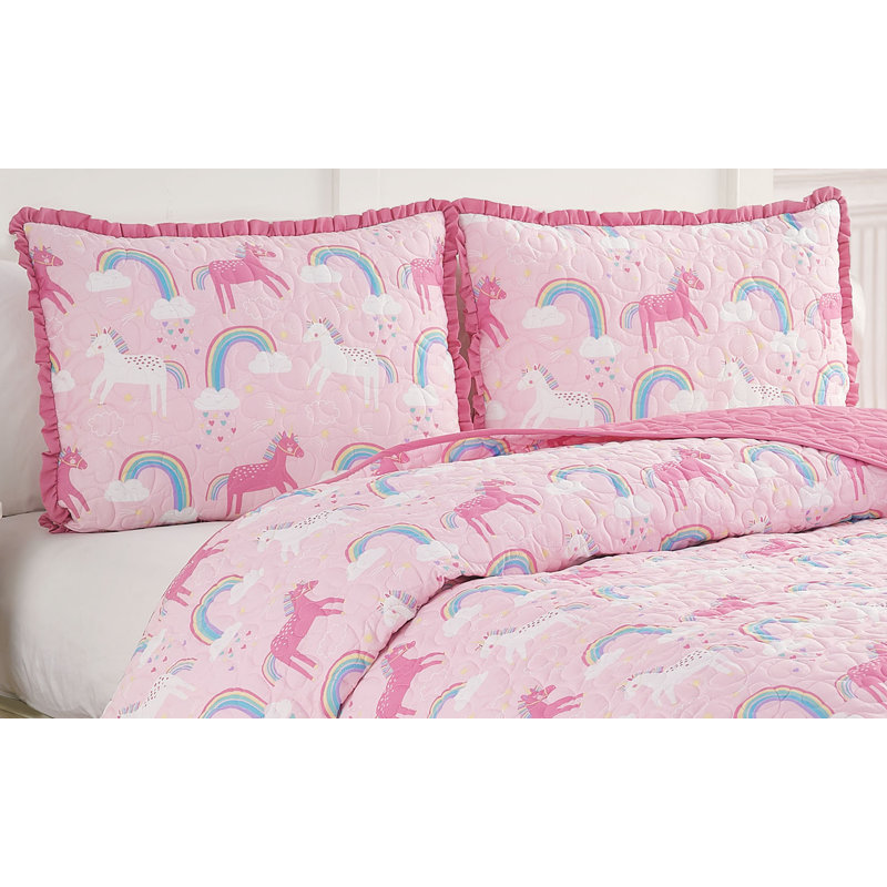  Unicorn Parade Pink Reversible Microfiber Quilt Set, Full Quilt + 2 Shams