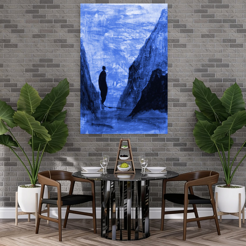 «Lone figure Blue Mountains», art dramatique abstrait de montagne, paysage dramatique, 18" H x 12" W