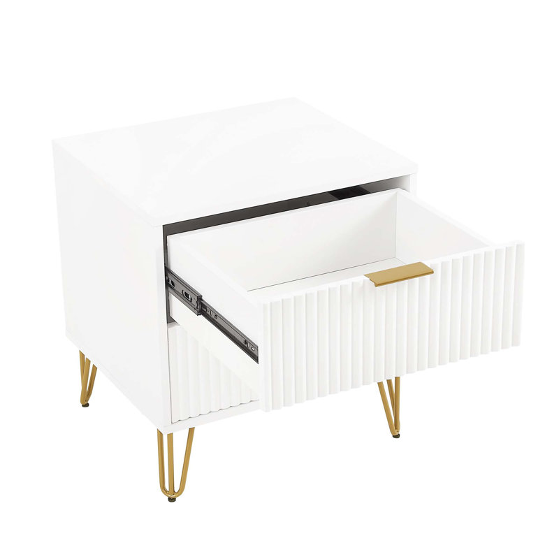 Table de chevet blanche cannelée | Table de chevet moderne à 2 tiroirs avec pieds dorés | Idée de cadeau, Ensemble de 2