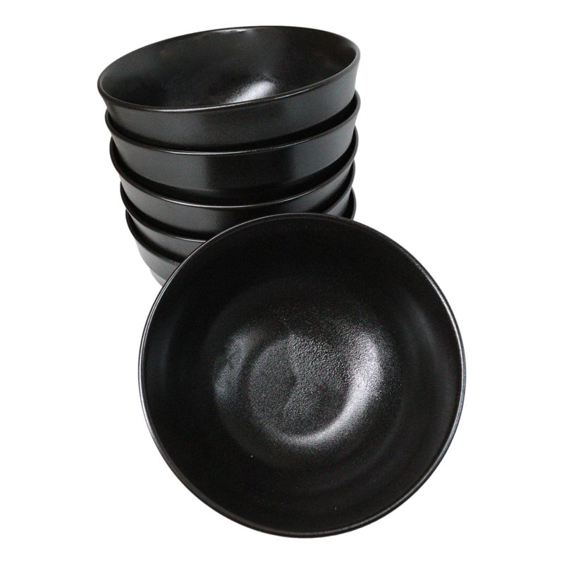 Lot de 6 bols à soupe, salade ou riz minimalistes en céramique noire Kokuyo, de contenance moyenne (710 ml).