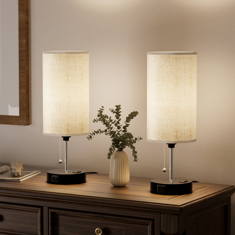 Lampe de table pour la chambre à coucher avec prise de courant et ports USB, lampe de chevet à abat-jour beige 15 po à 3 couleurs pour la chambre à coucher, le salon et les ampoules incluses
