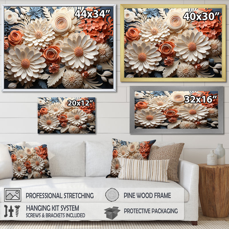 Pêche et corail blanc I - art botanique abstrait, H 24 po x l 32 po x P 1 po, Toile tendue