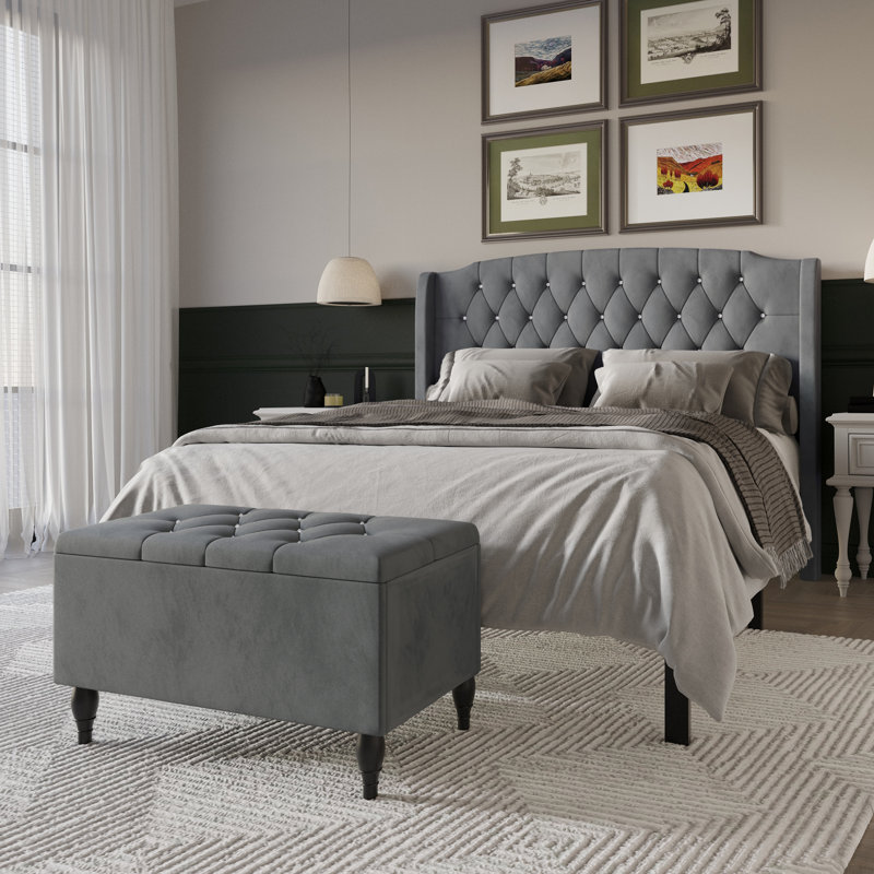 Tyreese Upholstered Bed With Storage Bench, Light Gray, Twin