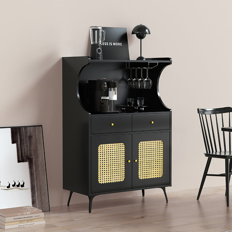 Buffet en bois manufacturé noir + rotin, H 47,24 po x l 29,53 po x P 15,75 po, Noir/naturel