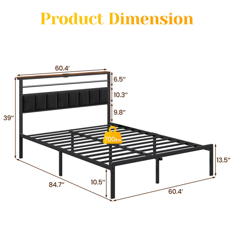 Base de lit grand format avec station de charge, lit plateforme avec lattes en métal, tête de lit tapissier avec tablettes de rangement, aucun sommier tapissier requis, noir