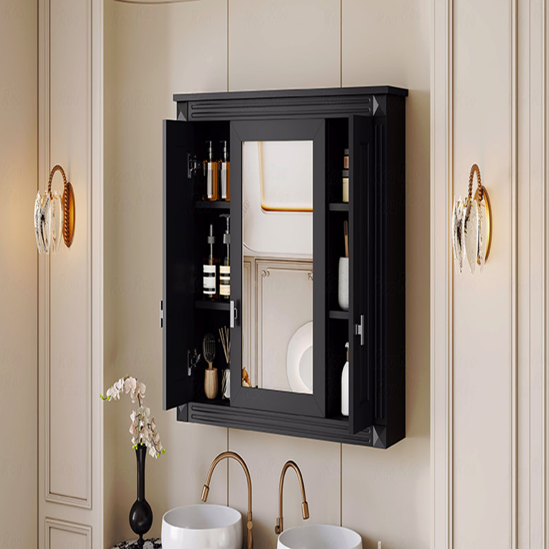 Armoire de salle de bain avec miroir, armoire à pharmacie murale avec 4 tablettes, armoire de rangement avec miroir, Noir