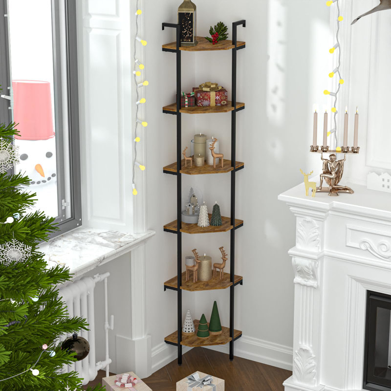 Brown Metal and Wood 6-Tier Corner Ladder Bookcase