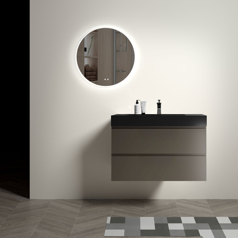Meuble-lavabo de salle de bain 36 po avec lavabo - Gris, style moderne, rangement maximal, silencieux, montage mural, biseauté, sans poignée, élégant.