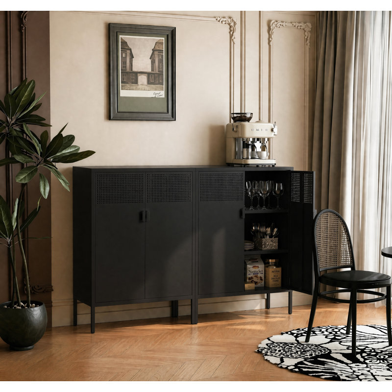 Black Metal Storage Cabinet,2 Door TV Stand, Metal Mesh Accent Cabinet,Magnetic Door Closure,Low Storage Cabinets with Doors and Shelf for Home,Office,Living Room