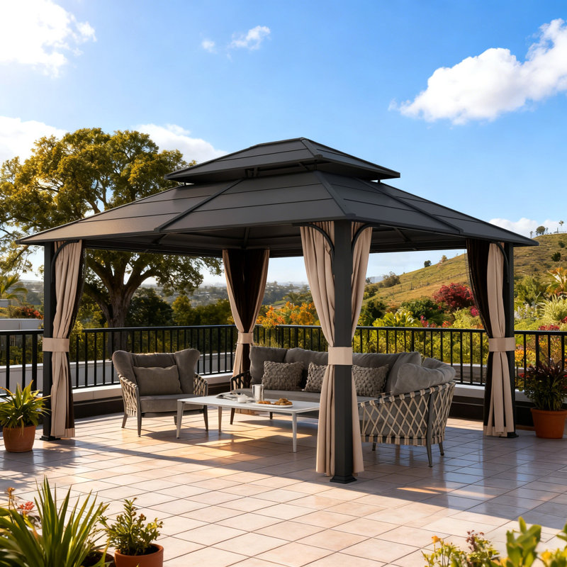 12 x 14ft Hardtop Outdoor Gazebo With Double-layer Roof, Patio Gazebo With Powder-coated Metal Frame, Mosquito Netting & Privacy Curtains–perfect For Patio, Garden & Backyard
