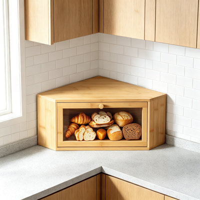 Corner Bread Box for Kitchen Countertop, Bamboo Wood with Wavy Acrylic Door, Large Bread Storage Container