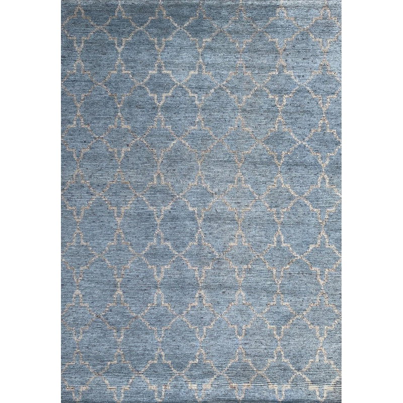 Tapis bleu contemporain en laine noué à la main bleu / argent, Rectangle 9 pi x 12 pi