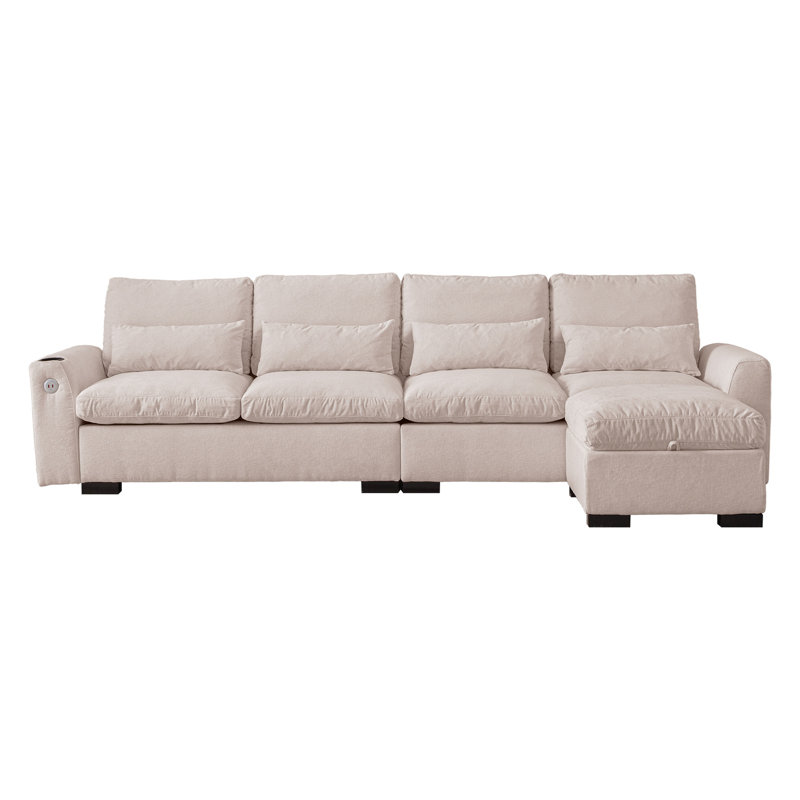 Chenille beige, L 114,5 po avec rangement réversible, ports et porte-gobelet, coussins lavables amovibles pour la maison