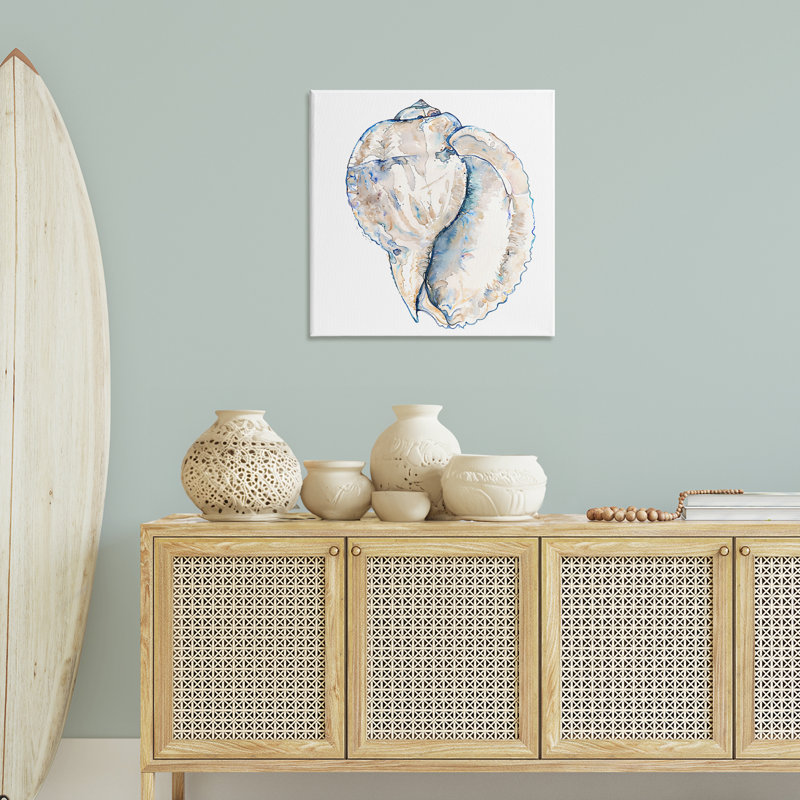 Conch coquille sur toile blanche par Christine Zalewski, H 30 po x l 30 po