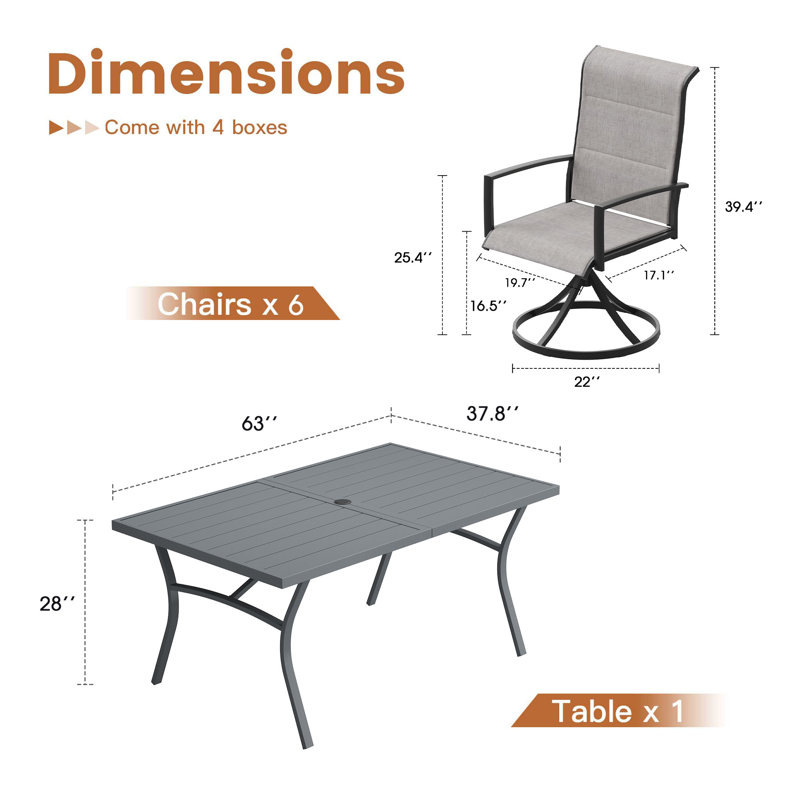 Ensemble repas pour 6 personnes avec table rectangulaire de 63 po et chaises pivotantes rembourrées en polyester enduit de PVC