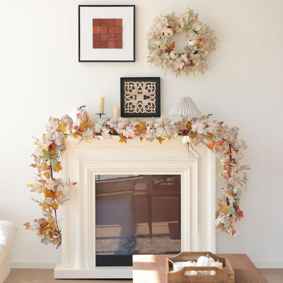 Couronne d'automne pour porte d'entrée, 48 cm (19 pouces), blanche, avec feuilles d'érable artificielles, citrouille, feuilles d'automne, décorations de porte, mur, porche et décoration intérieure (blanche)
