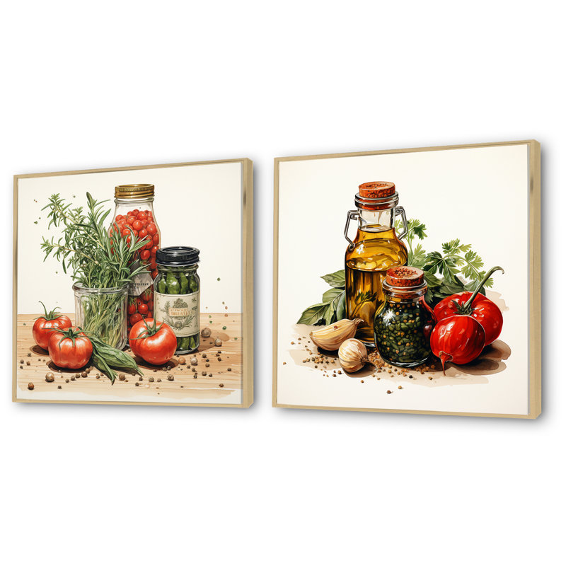 Ensemble de salon mural rouge et vert avec herbes parfumées I - Spices Wall Art, Cadre flottant brun