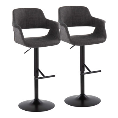 Vintage Flair Mid-Century Modern Adjustable Barstool In Black Metal And Charcoal Fabric With Straight 'T' Footrest By  - Set Of 2