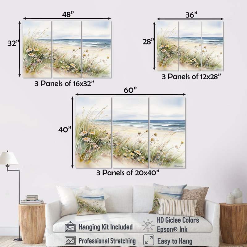 Fleurs sauvages sur la plage - ensemble d'art mural sur toile Wildflowers, H 40 po x l 60 po x P 1 po
