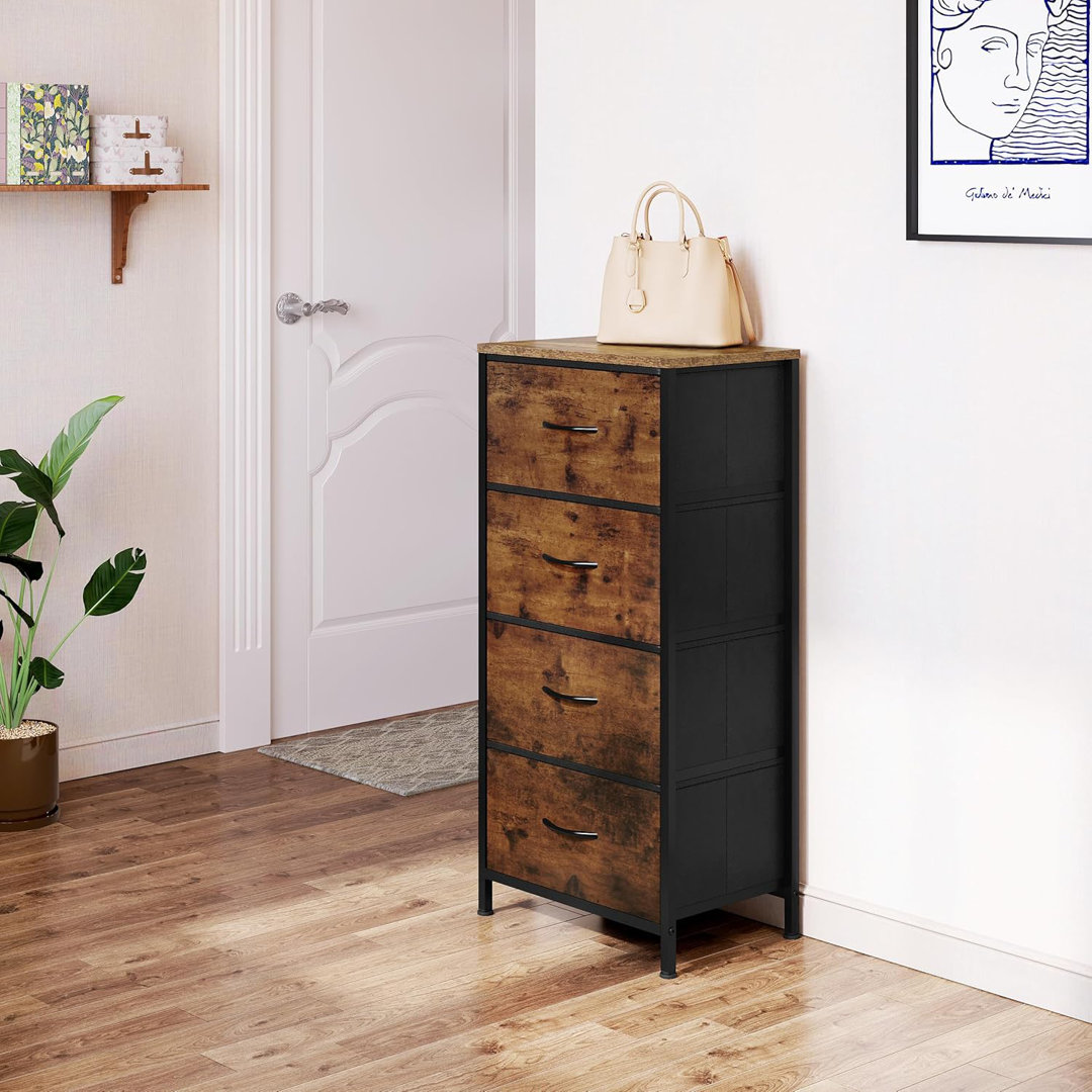 Kommode Schmal, Kommodenschrank mit 4 Schubladen aus Stoff, Sideboard Aufbewahrungskommode für Schlafzimmer Wohnzimmer F...