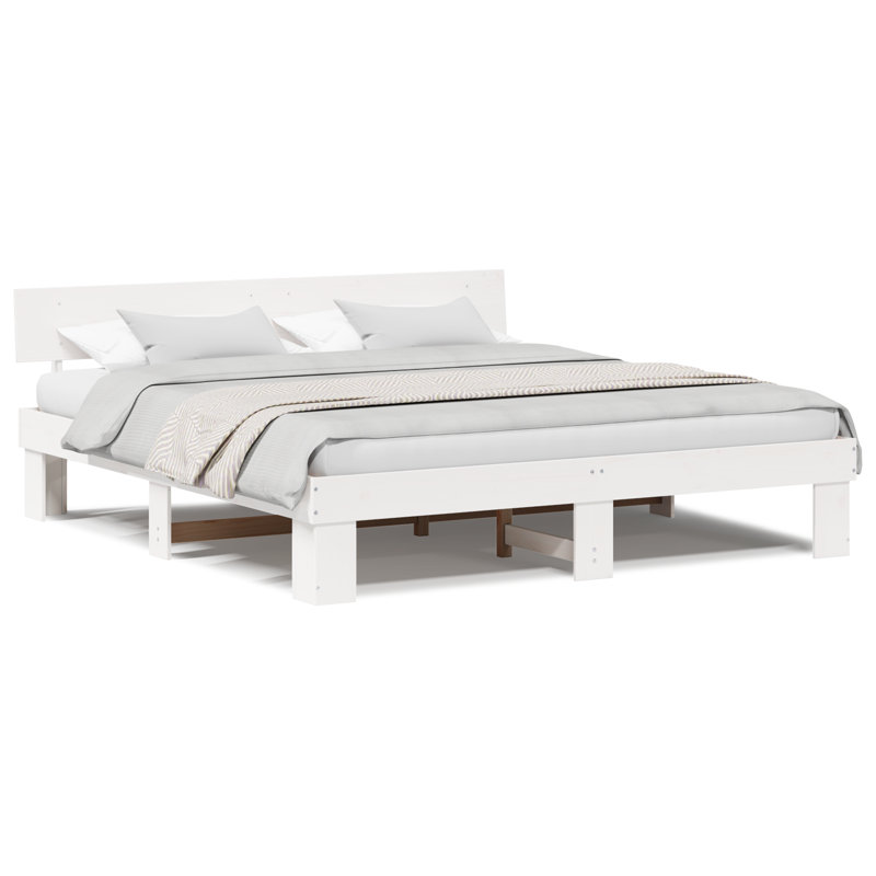 Bed Frame with Headboard Solid Pine Wood, White, Super King (6')