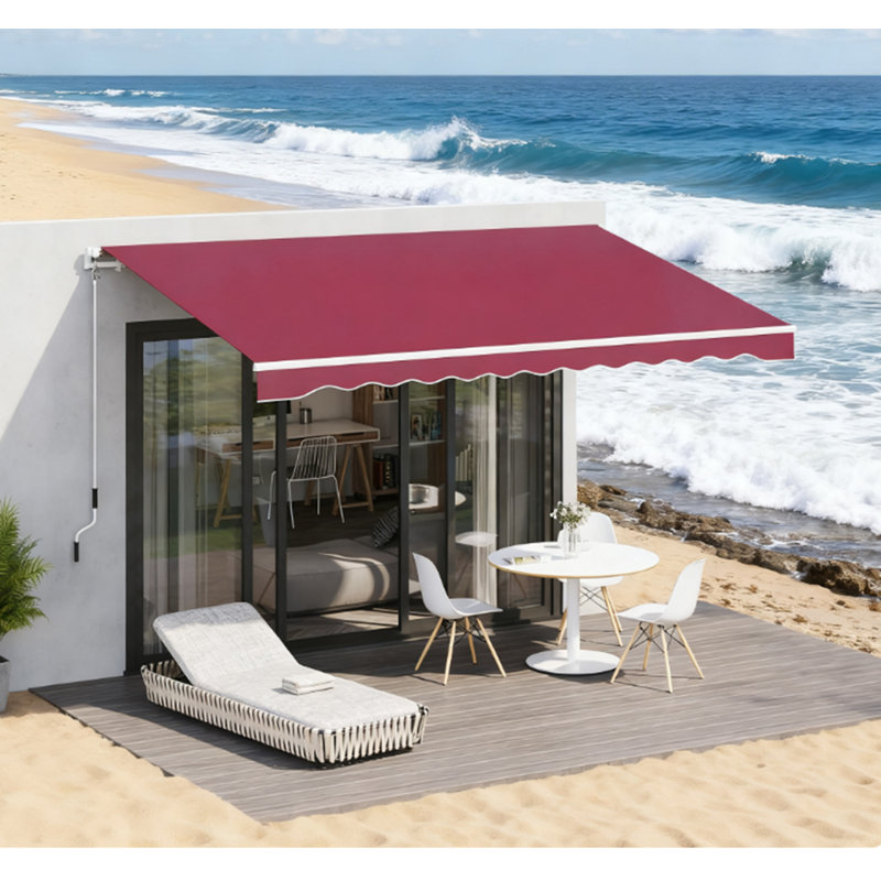 Retractable Awning, Patio Awnings, Sunshade Shelter W/ Manual Crank Handle, 59.75” H x 155.5” W x 96.5” D, Red