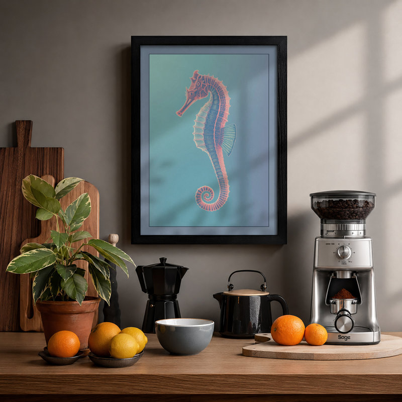Seahorse Elegance Coastal - Framed Print, A2 - 59.4 x 42.0 cm, Black