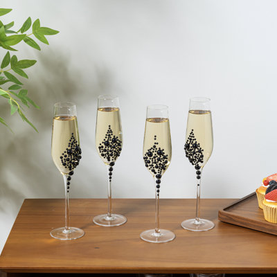 Set of 4 Stemmed Champagne Flutes Glassware with Balck Pearls