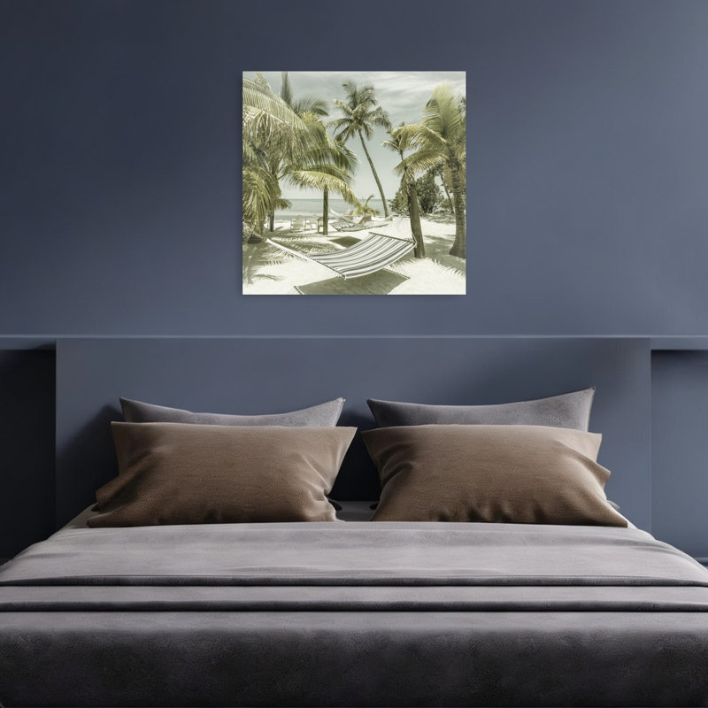 Impression sur toile de plage tropicale, hamacs rétro, romantique, palmier tranquille et côtier, 36" H x 36" W