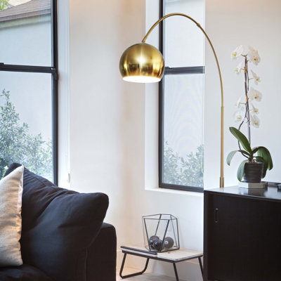 Olivia 75" Modern Industrial LED Arc Floor Lamp with Gold Brass Finish, White Marble Base, and Metal Bowl Shade, Bulb Included