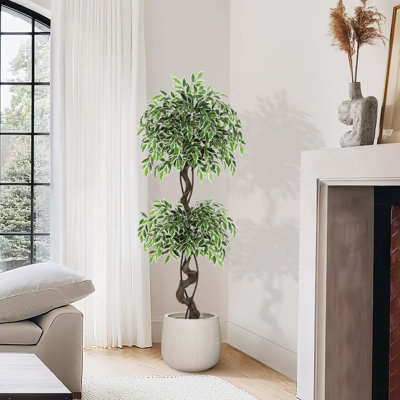 Arbre de plancher artificiel 5 pi avec pot de fleurs en céramique blanche et fausse mousse verte