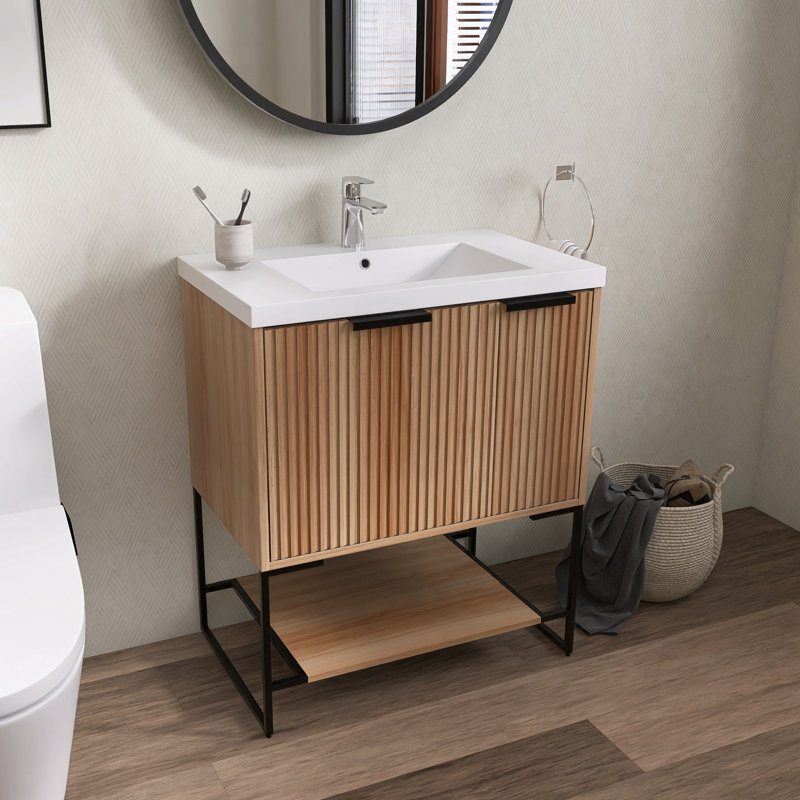 Meuble-lavabo simple avec plateau Francella, Érable, Noir mat