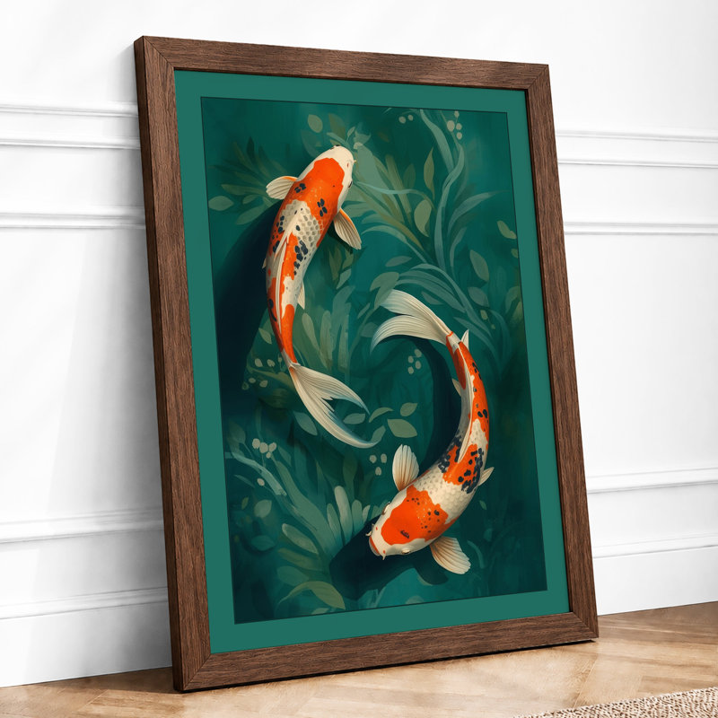 Koi In Teal Water Japandi - Print, Walnut, A1 - 84.1 x 59.4 cm