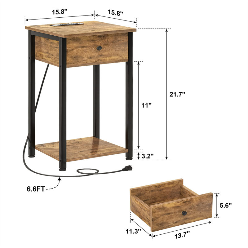 Ensemble de tables de bout et prises encastrées Ekhard, Brun, Noir